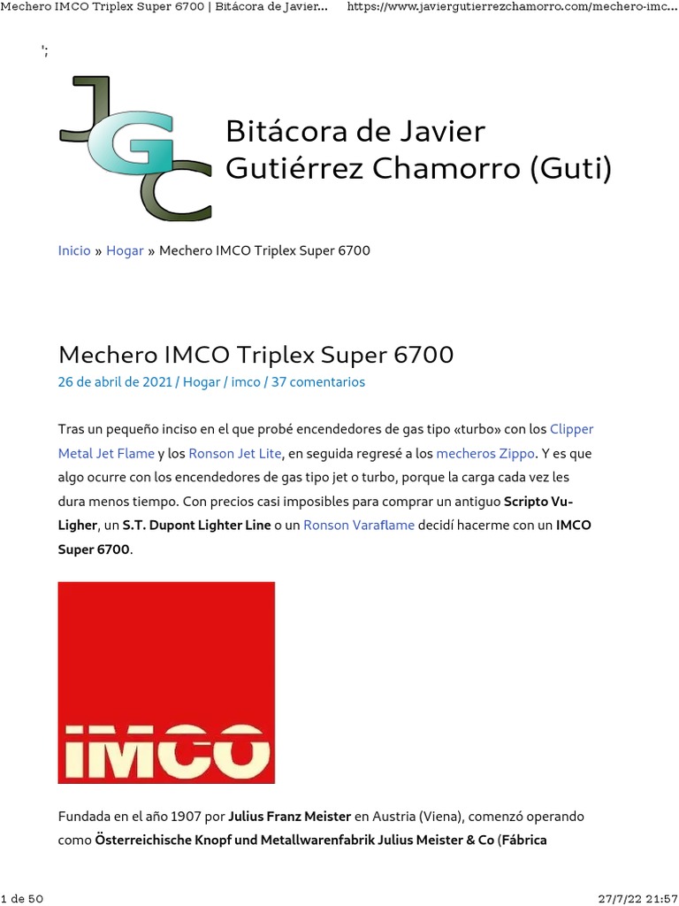 Mechero IMCO Triplex Super 6700 - Bitácora de Javier Gutiérrez Chamorro  (Guti)