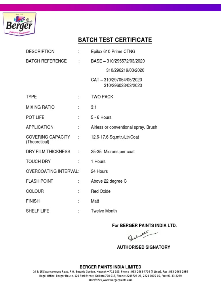 Epilux 610 Primer Batch Test Certificate | PDF
