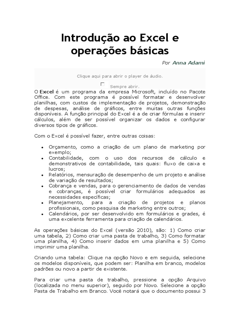 Introdução Ao Excel E Operações Básicas Pdf Microsoft Excel