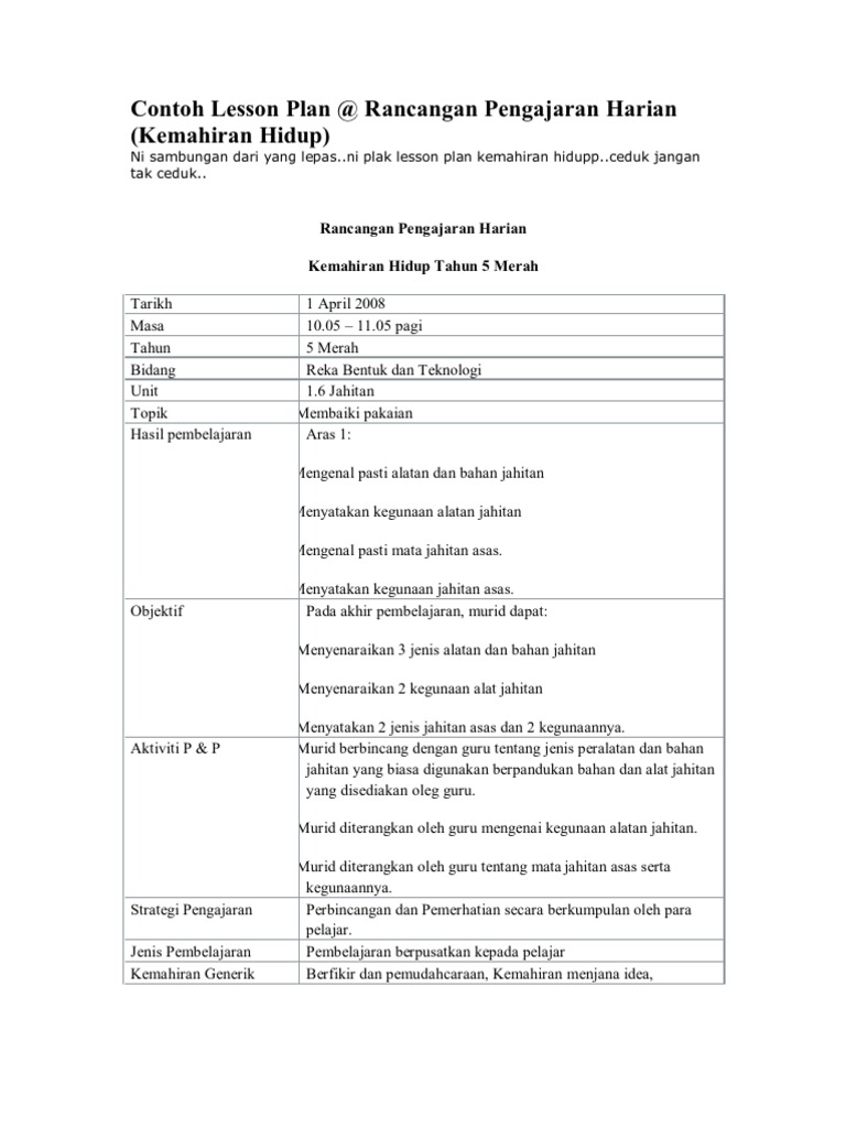 Contoh Lesson Plan JAHITAN | PDF | Kajian Bahasa Asing | Griya & Taman
