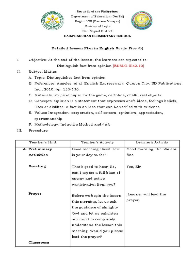 Grade 5 Lesson Plan: Fact vs. Opinion | PDF | Lesson Plan | Teachers