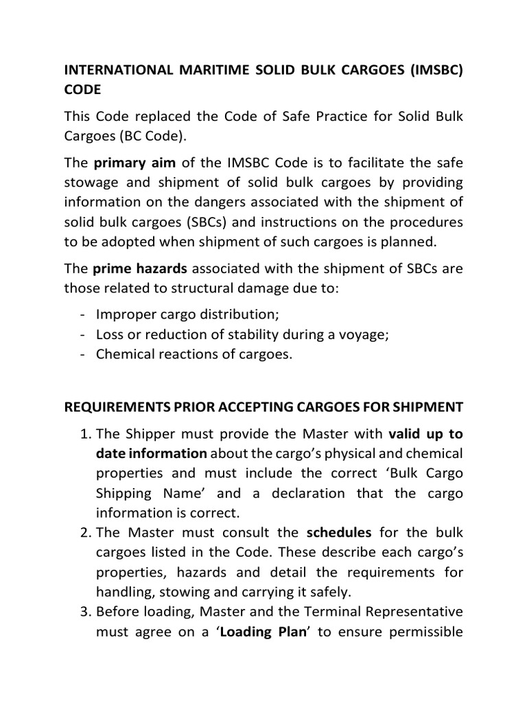 IMBSC Code Summary PDF Cargo Dangerous Goods