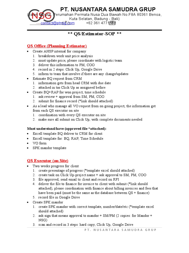 QS/Estimator SOP for PT Nusantara Samudra | PDF | Computing