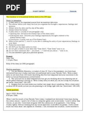 CLASS IX Writing task-Diary Entry 2022