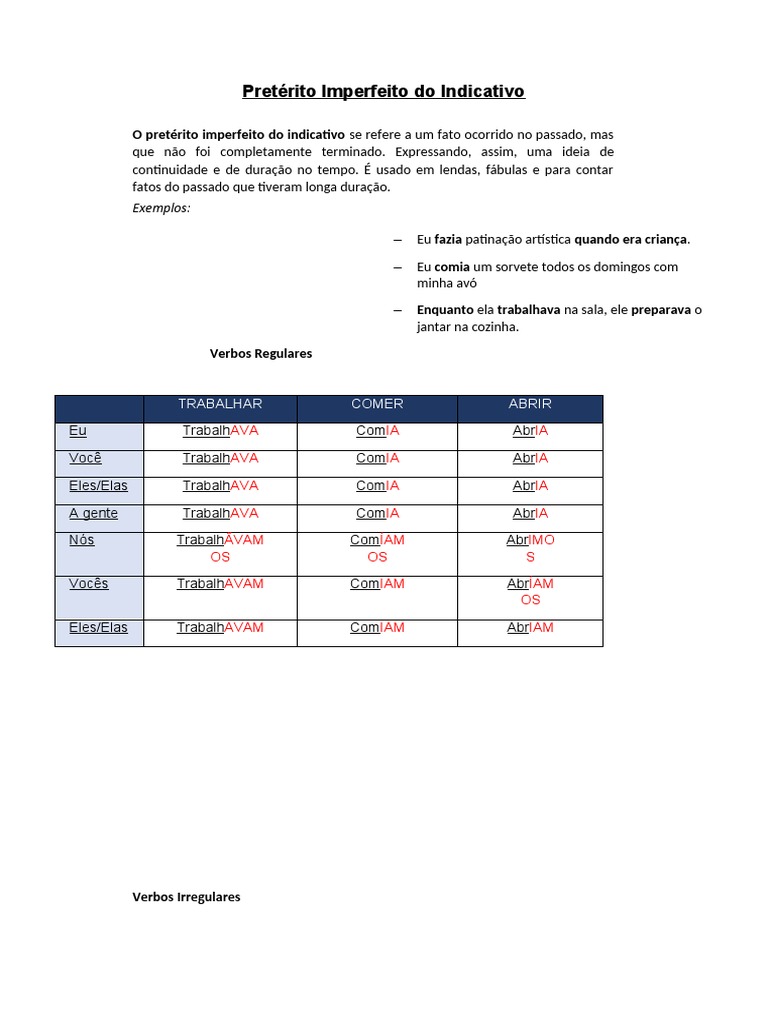 Pretérito Imperfeito Do Indicativo - Atividade Nro 01 | PDF