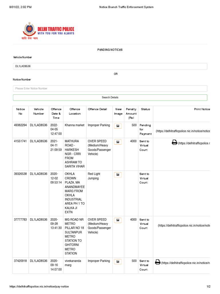 Notice Branch Traffic Enforcement System PDF Transport Road Transport