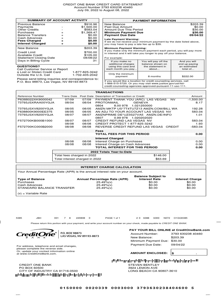 Credit One PDF Credit Card Payments