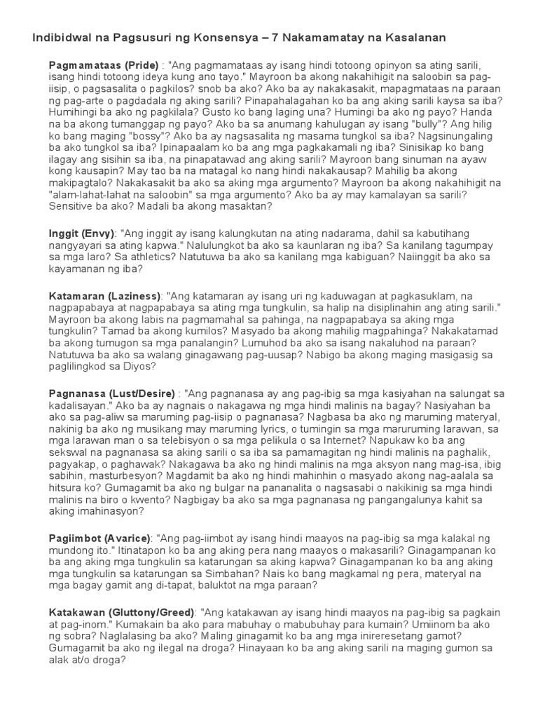 Tagalog Individual Examination of Conscience 7 Deadly Sins PDF