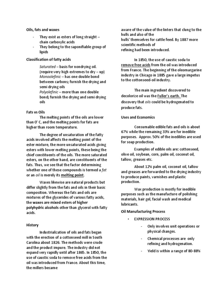 Oils Fats and Waxes Notes PDF Vegetable Oil Cottonseed