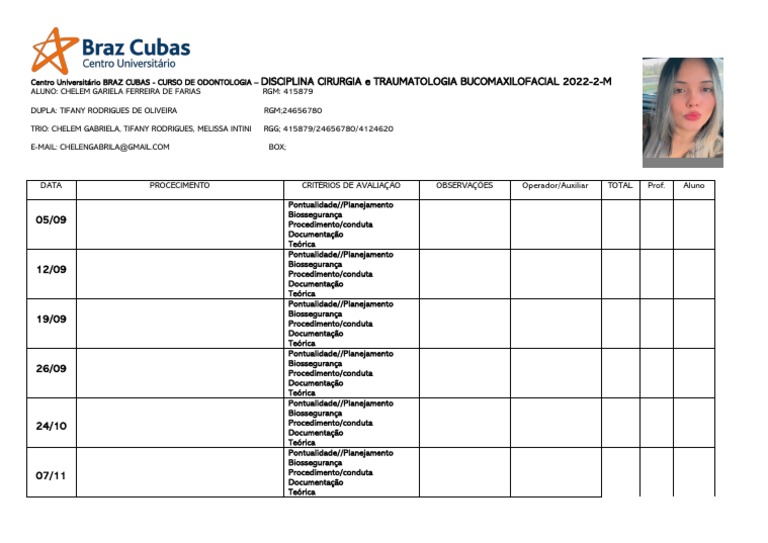 Registro de avaliações de disciplina de Cirurgia e Traumatologia