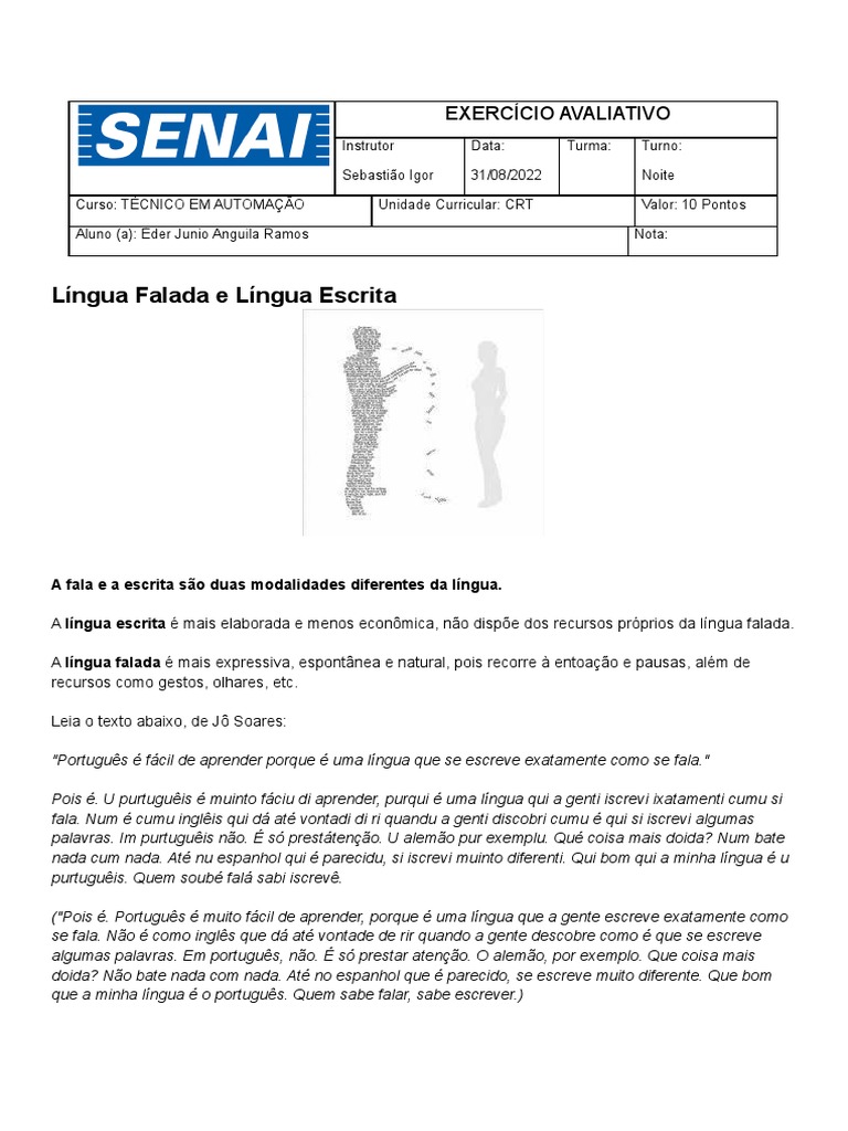 Exercícios sobre Língua Falada e Escrita | PDF | Escrita | Português ...