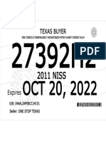 Texas Temporary Tag Receipt for 2011 Nissan Altima