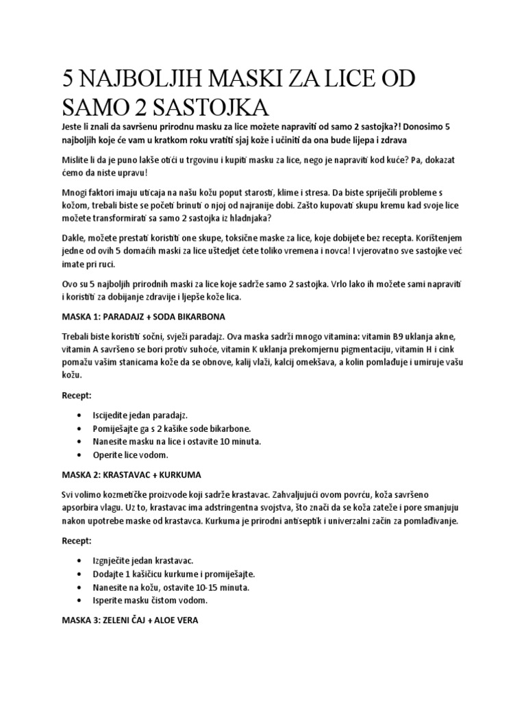 5 Najboljih Maski Za Lice Od Samo 2 Sastojka | PDF
