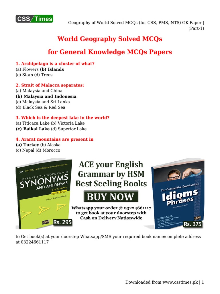 Geography Of World Solved Mcqs For Css Pms Nts Gk Paper Part 1