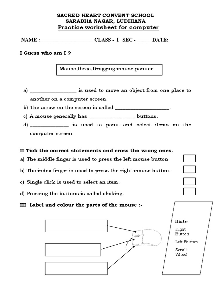 Mouse Worksheet Class 1 PDF