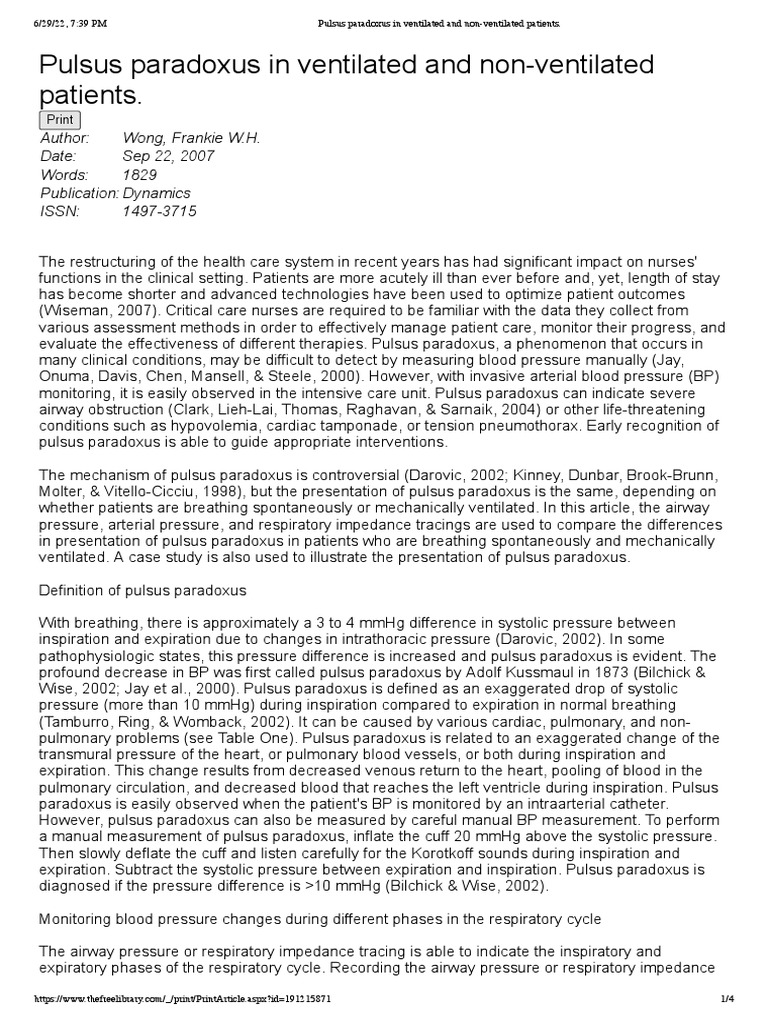 Pulsus Paradoxus in Ventilated and NonVentilated Patients PDF Blood Pressure Ventricle