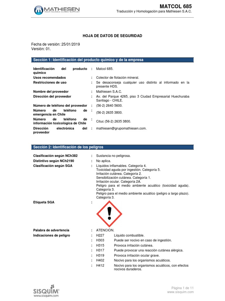 Hoja de Seguridad Matcol 685 Mathiesen | PDF | Agua | Combustión