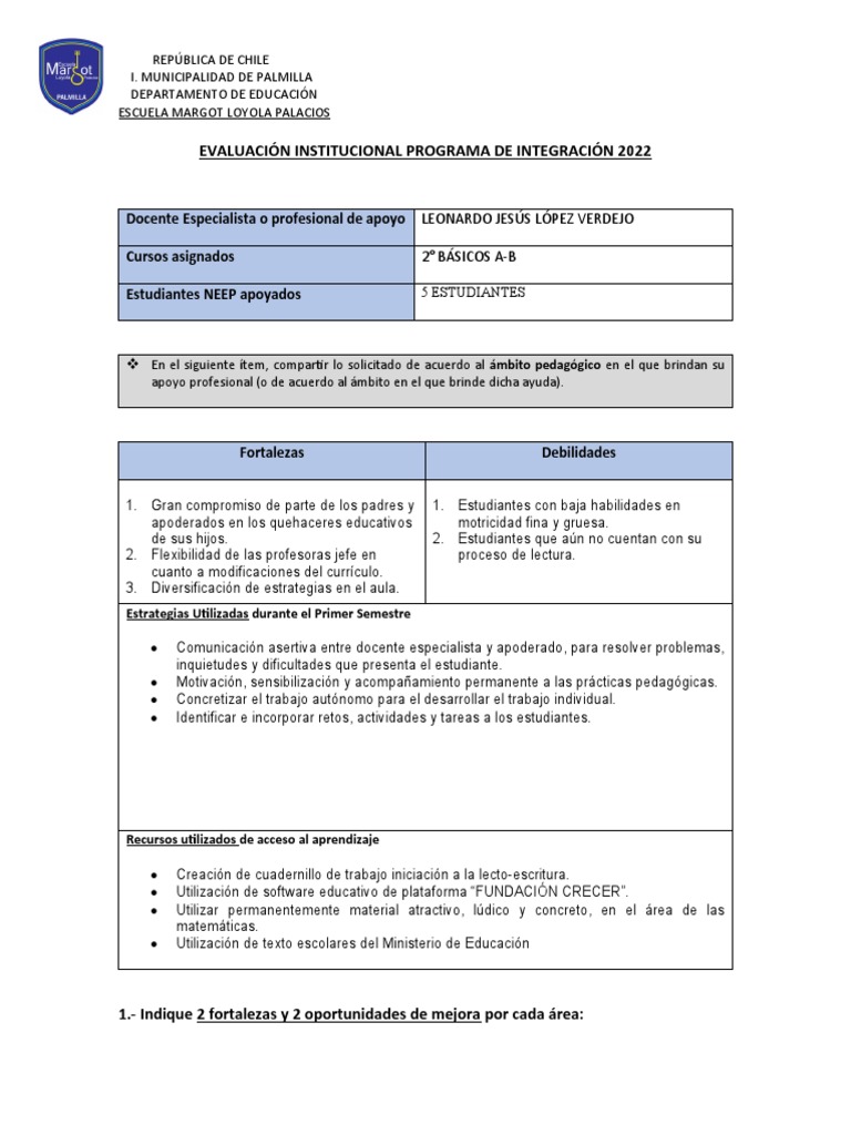 Evaluación Programa de Integración 2022 | PDF | Maestros | Evaluación