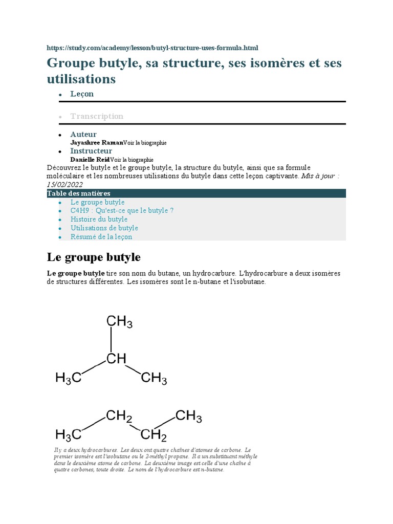 Groupe Butyle, Sa Structure, Ses Isomères Et Ses Utilisations | PDF ...