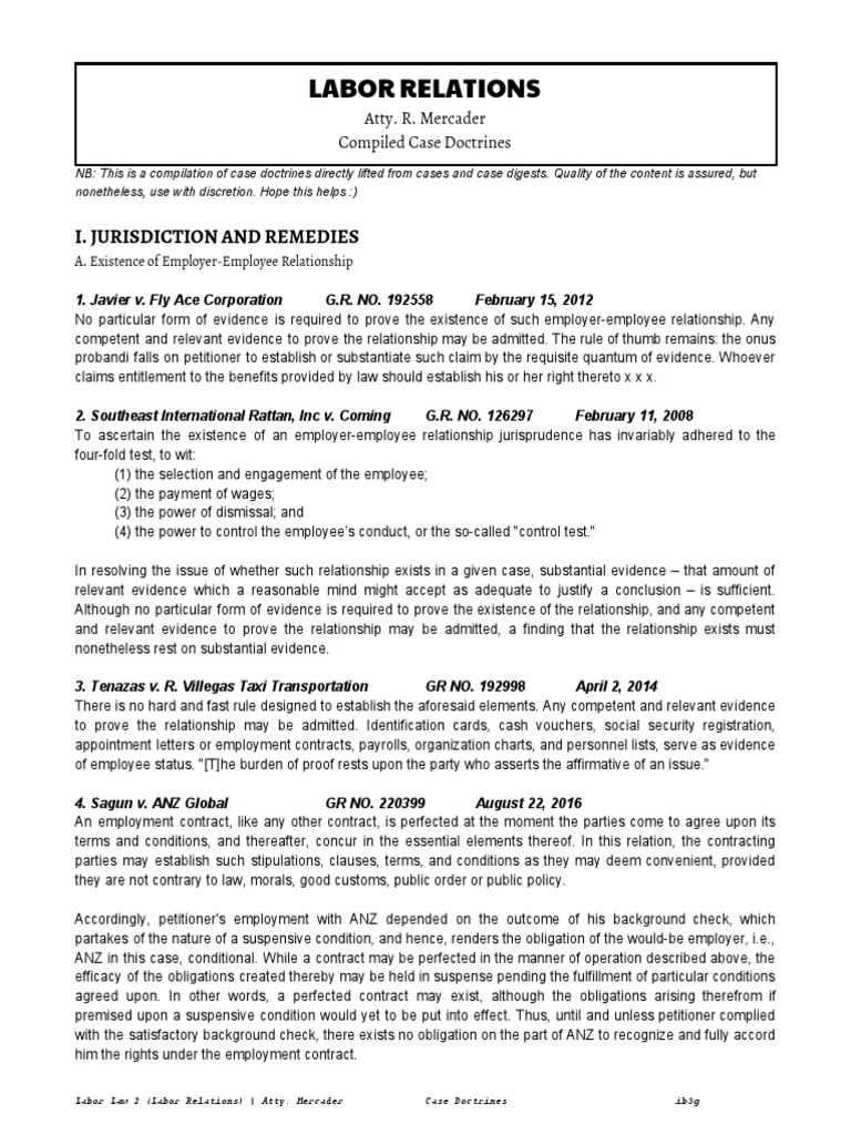 Labor Relations I. Jurisdiction and Remedies PDF Employment