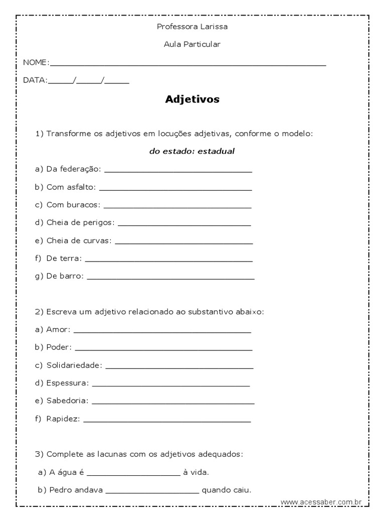 Atividade de Portugues Adjetivos 4 Ou 5 Ano | PDF | Adjetivo ...