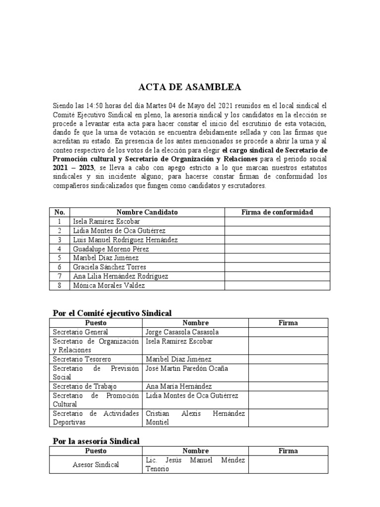 Acta De Asamblea Delegados P2 Pdf Gobierno Elecciones
