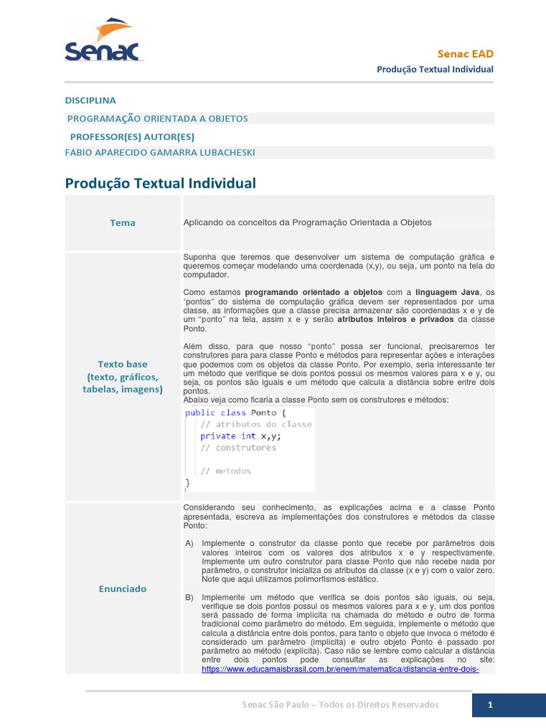 Implementação da Classe Ponto em Java | PDF | Classe (programação de ...