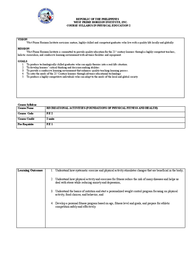 Syllabus Final PE2 PDF Physical Fitness Aerobic Exercise