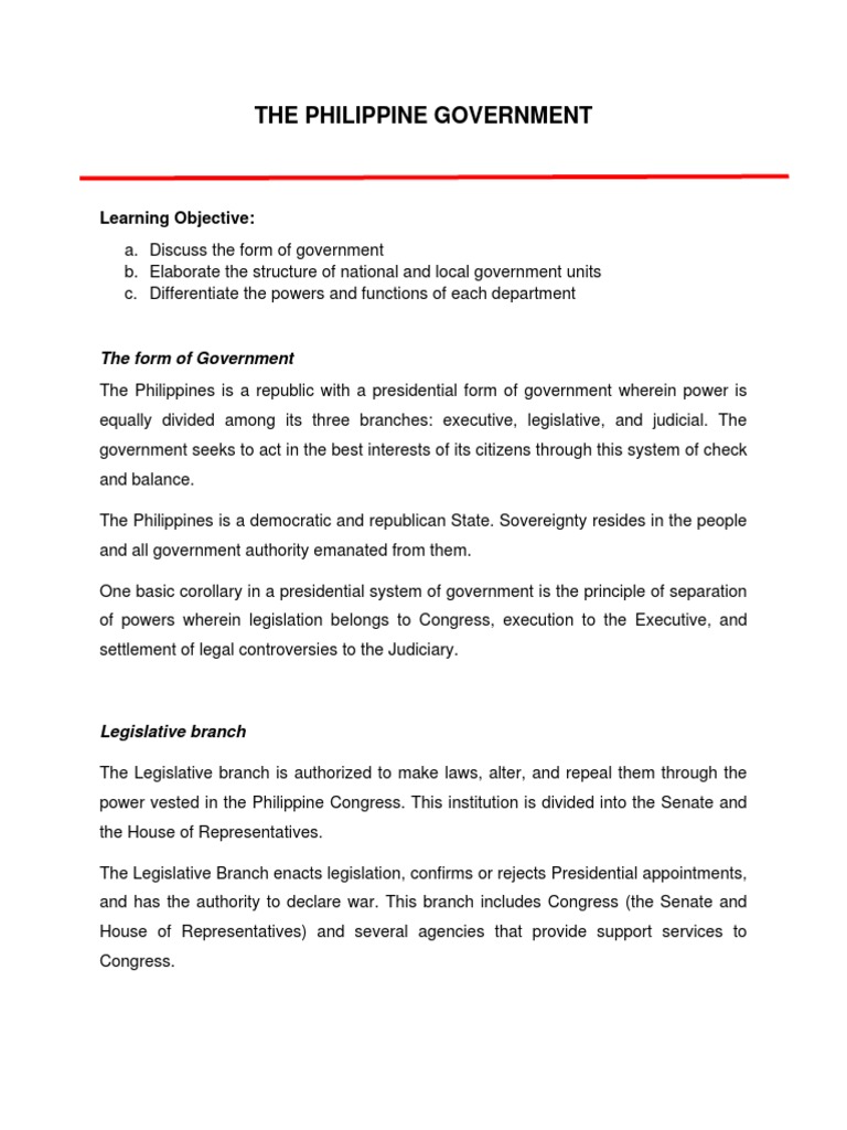 Philippine Government Structure Overview | PDF | Government | Governance
