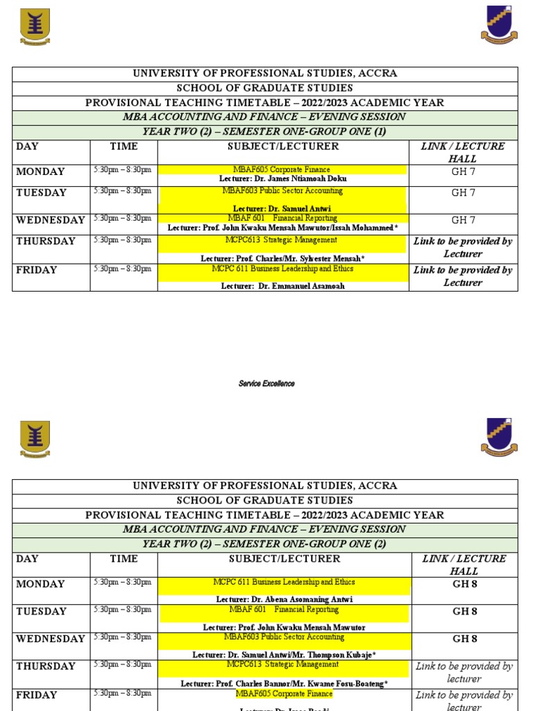 YR 2 Teaching Time Table Evening Session 20222023 1st Semester PDF
