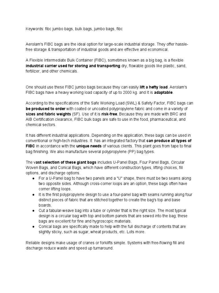 Keywords Fibc Jumbo Bags, Bulk Bags, Jumbo Bags, Fibc PDF Economic Sectors Secondary