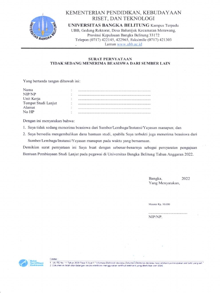 Surat Pernyataan Tidak Menerima Beasiswa Lain | PDF