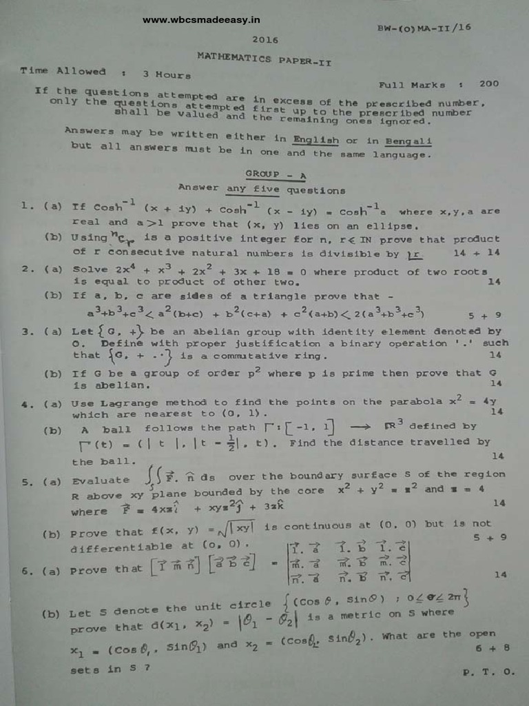 WBCS Main 2016 Optional Question Paper Mathematics Paper 2 | PDF
