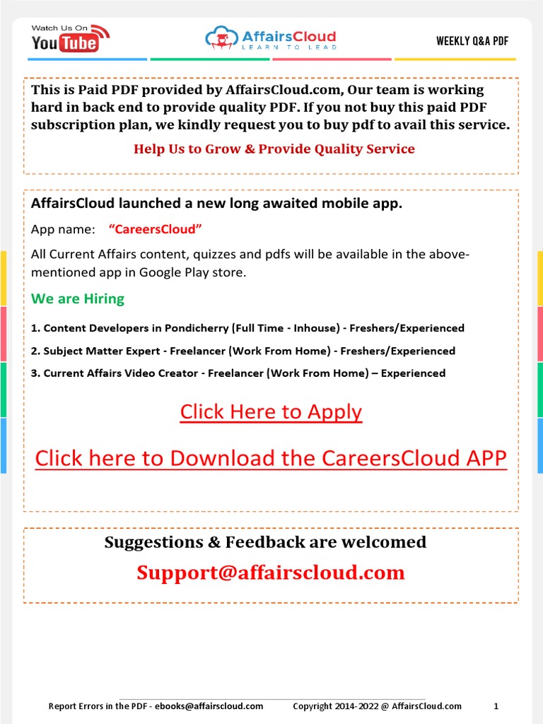 Current affairs weekly q a pdf april 2022 3rd week by affairscloud 1 pdf