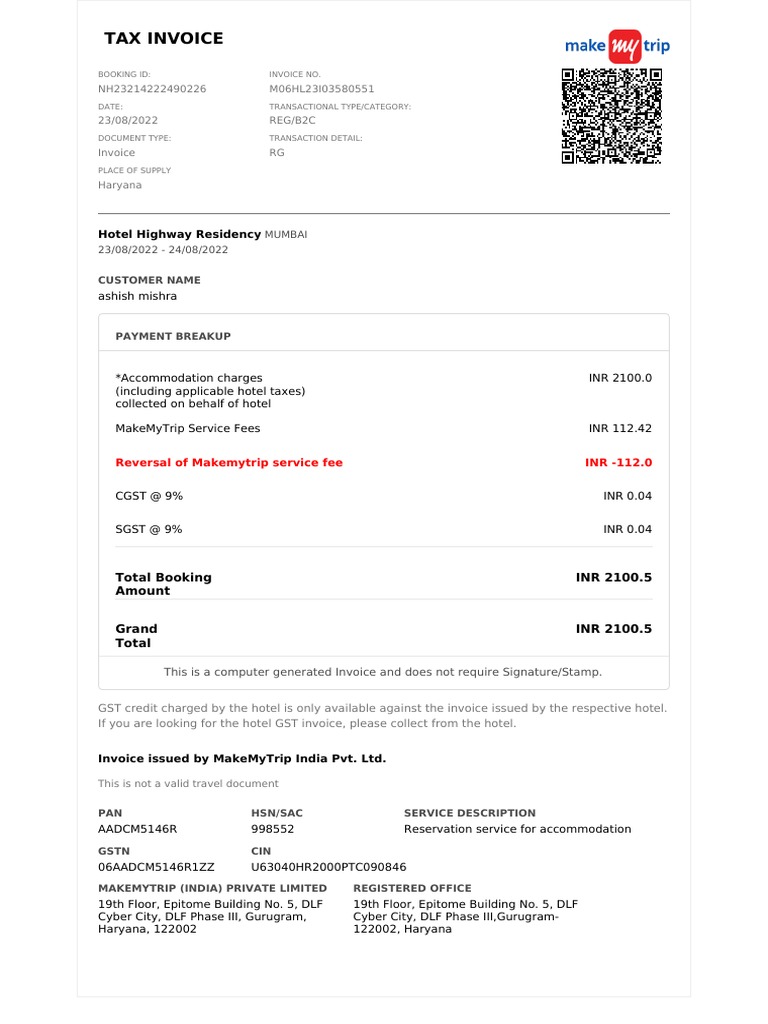 MakeMyTrip Hotel Invoice Details | PDF | Finance & Money Management