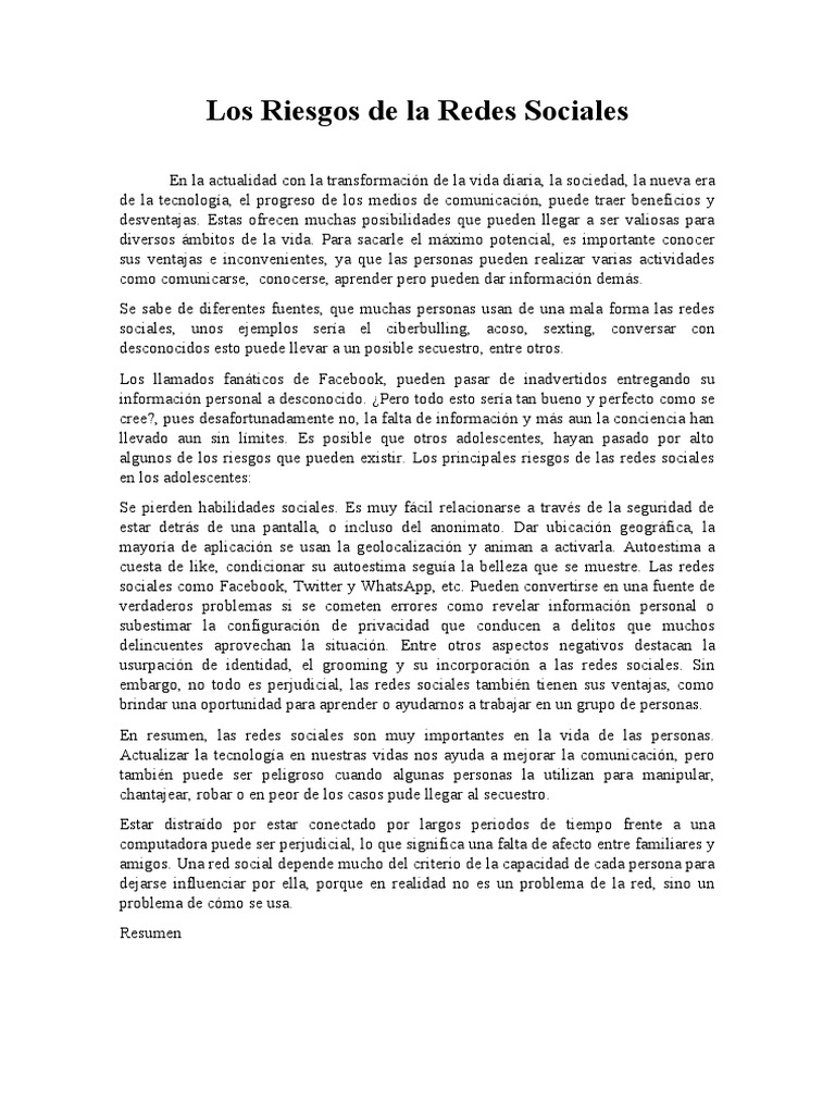 Peligros de las Redes Sociales en Adolescentes | PDF | Servicio de ...