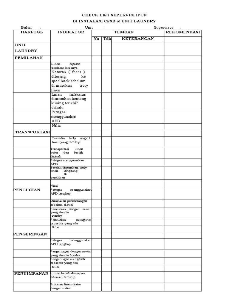 Checklist Supervisi CSSD dan Laundry | PDF