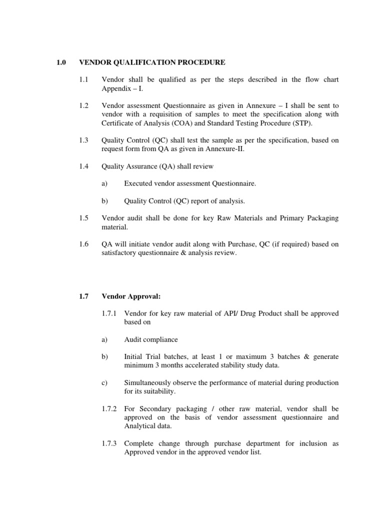 Vendor Qualification Procedure | PDF | Specification (Technical ...