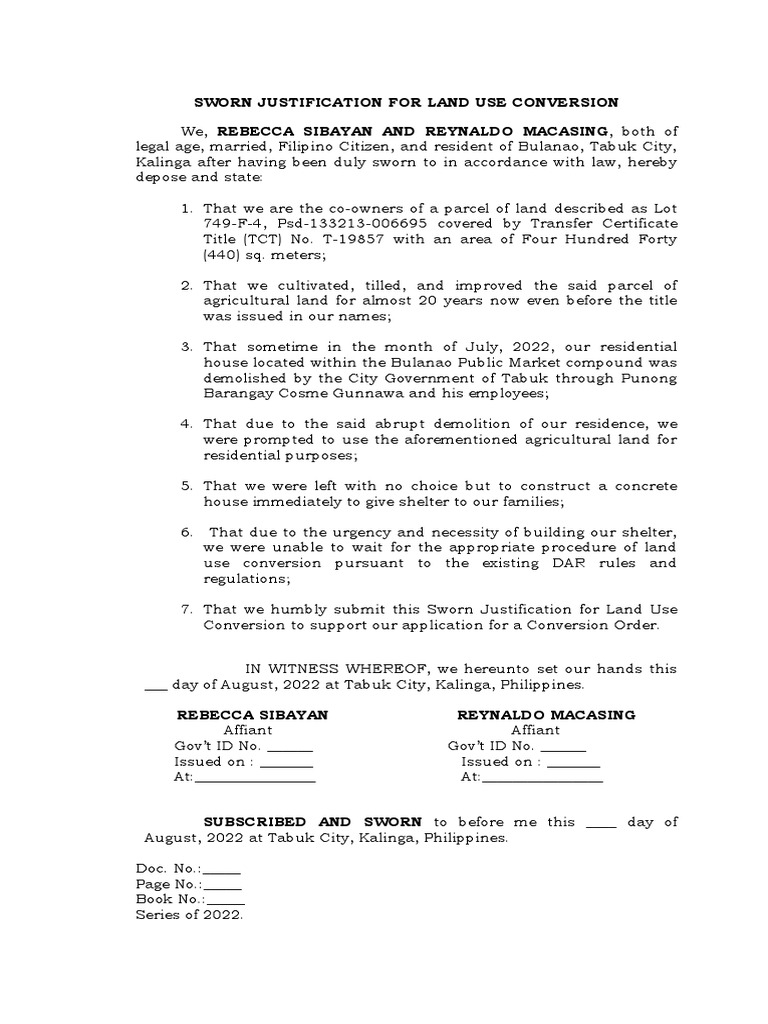Sworn Justification For Land Use Conversion PDF
