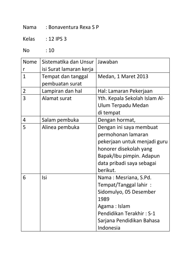 Surat Lamaran Kerja - Contoh | PDF