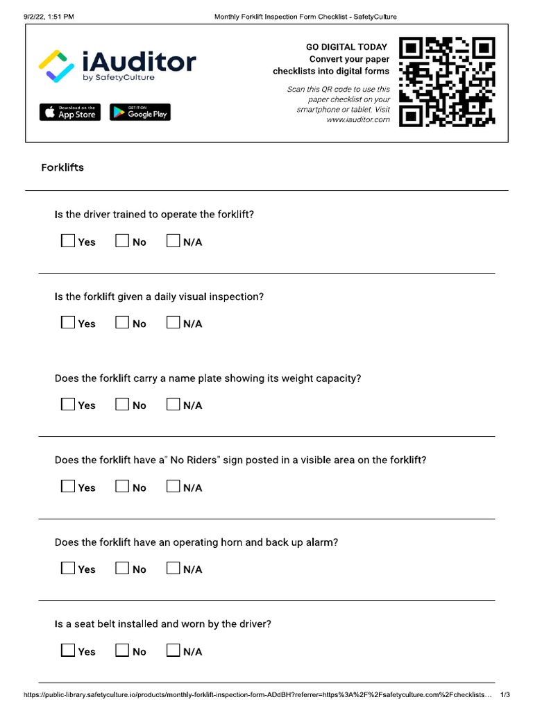 Monthly Forklift Inspection Form Checklist SafetyCulture PDF