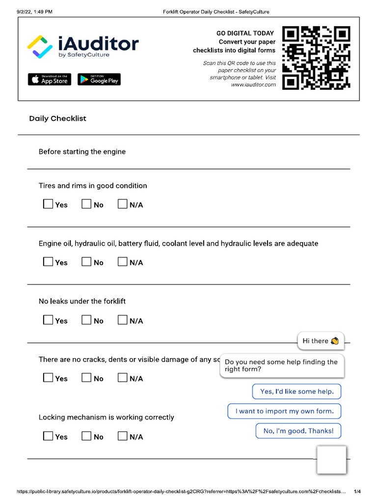 Forklift Operator Daily Checklist SafetyCulture PDF