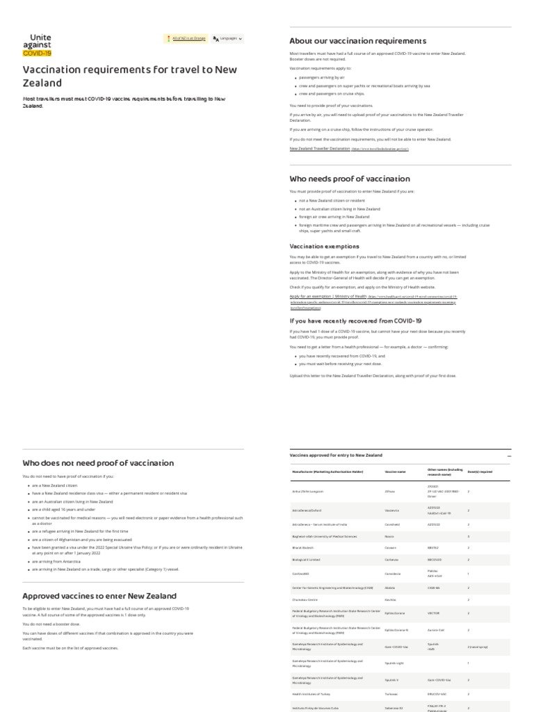 Vaccination Requirements For Travel To New Zealand Unite Against COVID19 PDF Travel Visa