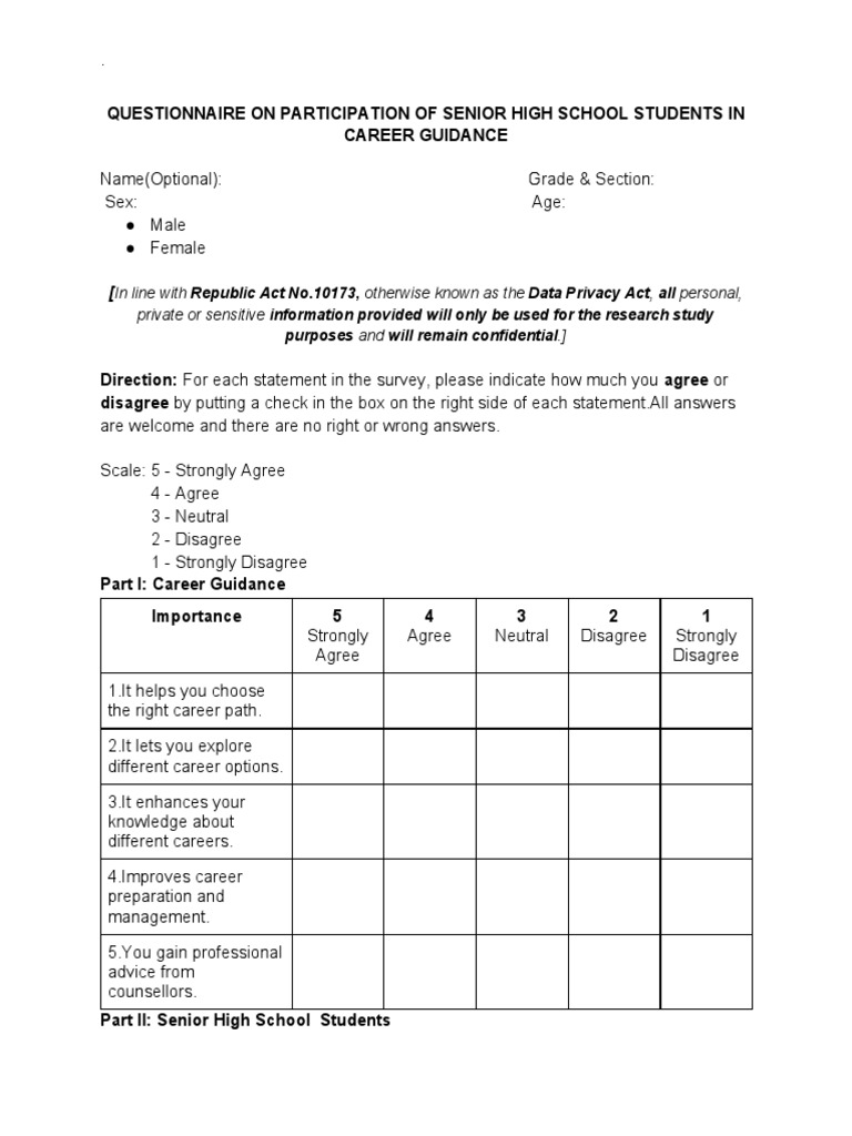 Sample Questionnaire On Participation of Senior High School Students in Career Guidance | PDF ...