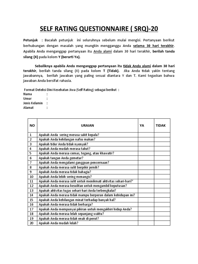 Kuesioner SRQ-20 untuk Deteksi Masalah Jiwa | PDF