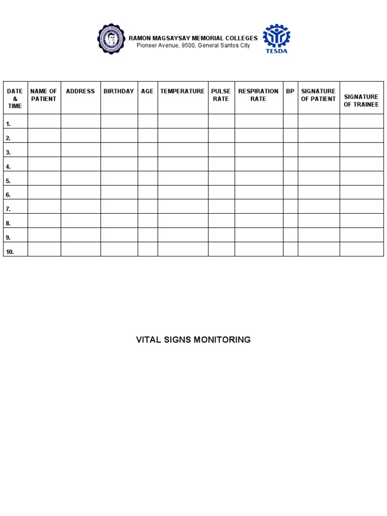 Vital signs monitoring sheet template pdf