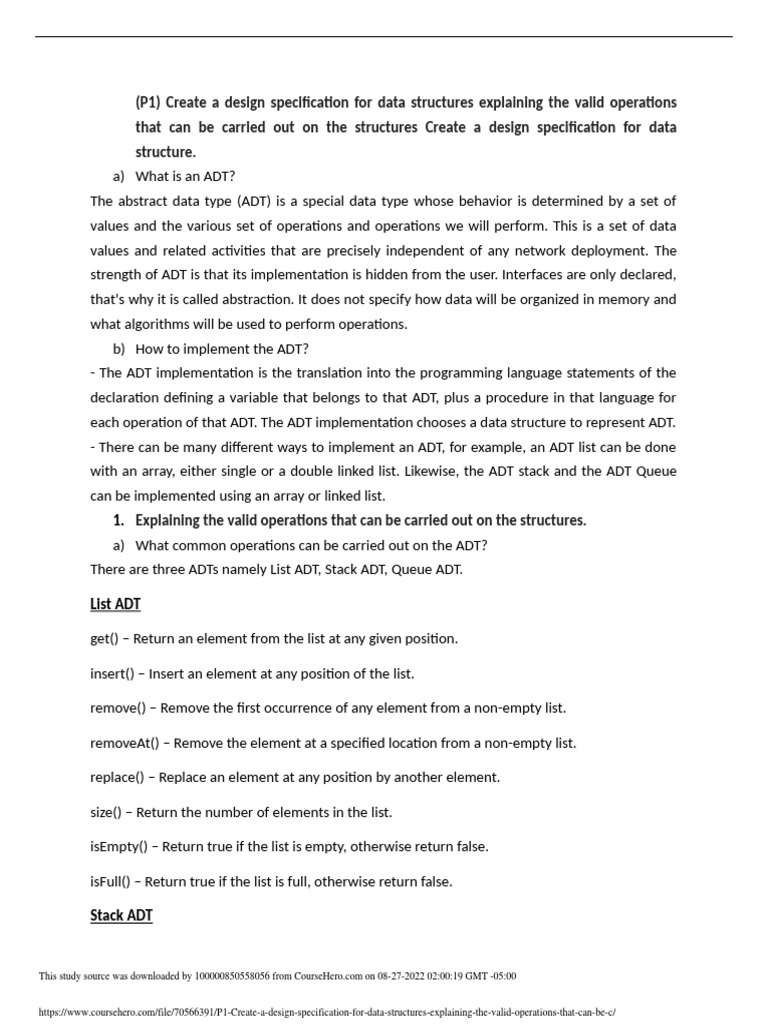 P1 create a design specification for data structures explaining the