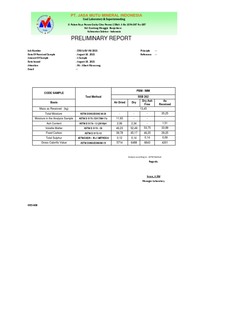 Analysis Of Coal Sample From Pt Jasa Mutu Mineral Indonesia Providing