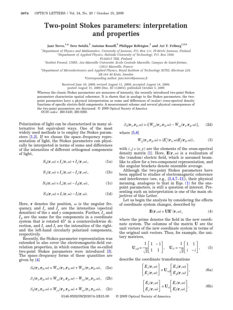 TwoPoint Stokes Parameters Interpretation and Properties PDF Matrix (Mathematics) Physics