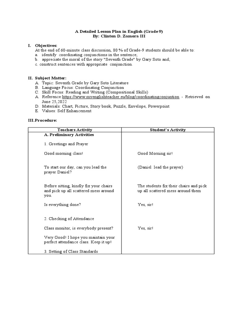 Grade 9 English Lesson Plan: Conjunctions | PDF | Language Arts ...